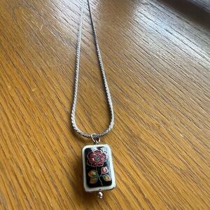 Vintage Cloisonne Black Enamel Red Rose Pendant Necklace